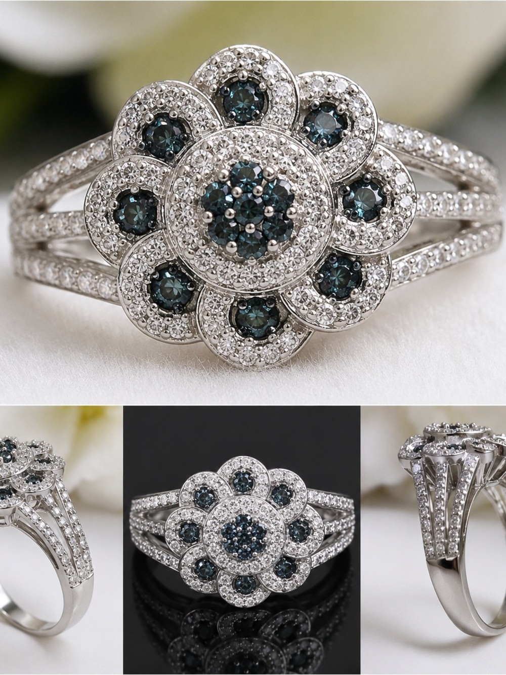 Floral Halo Blue Diamond Flower Ring in White Gold